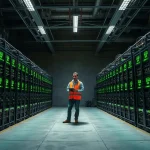 Interior of a Bitcoin mining facility with some ASIC rigs powered off, representing the industry profitability squeeze.
