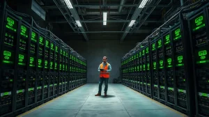 Interior of a Bitcoin mining facility with some ASIC rigs powered off, representing the industry profitability squeeze.
