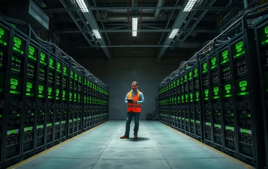 Interior of a Bitcoin mining facility with some ASIC rigs powered off, representing the industry profitability squeeze.