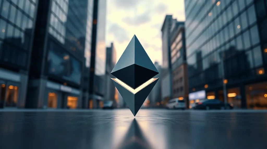Ethereum symbol on reflective surface in financial district at dusk