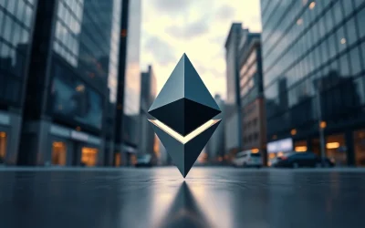 Ethereum symbol on reflective surface in financial district at dusk
