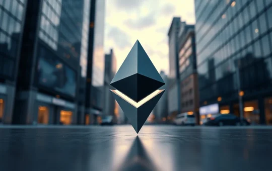 Ethereum symbol on reflective surface in financial district at dusk
