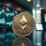 Ethereum coin on reflective surface with blurred trading charts in background