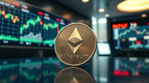 Ethereum coin on reflective surface with blurred trading charts in background
