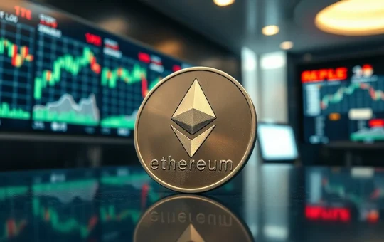 Ethereum coin on reflective surface with blurred trading charts in background