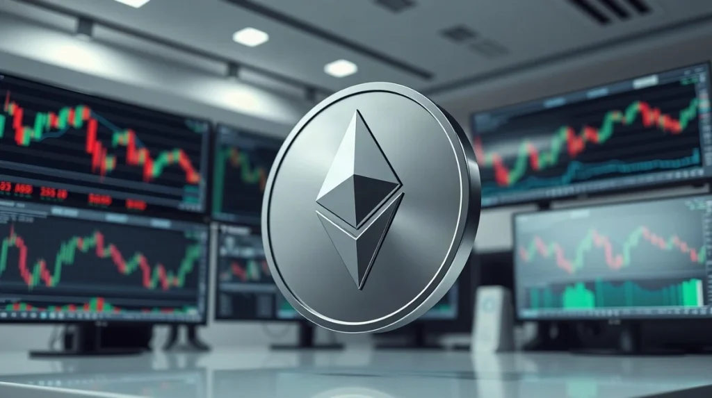 Ethereum coin on a trading desk with price charts in the background, representing ETH price analysis