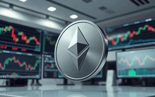 Ethereum coin on a trading desk with price charts in the background, representing ETH price analysis