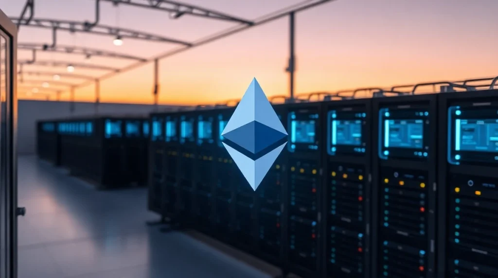 Exterior view of a large cryptocurrency mining data center with a holographic Ethereum logo, representing BitMine's major ETH acquisition.