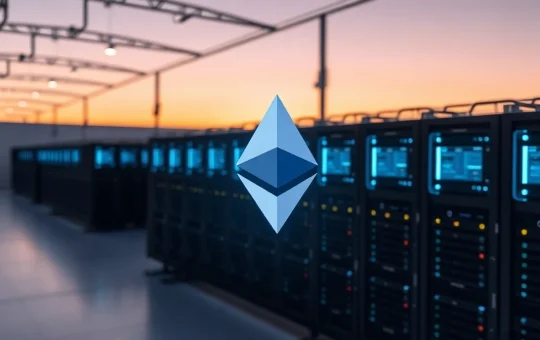 Exterior view of a large cryptocurrency mining data center with a holographic Ethereum logo, representing BitMine's major ETH acquisition.