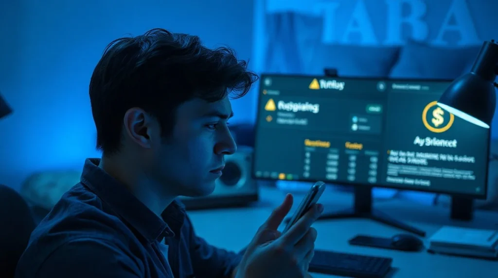 Person looking at a smartphone with a fake crypto wallet app on the App Store, laptop showing wallet balance.