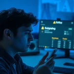 Person looking at a smartphone with a fake crypto wallet app on the App Store, laptop showing wallet balance.