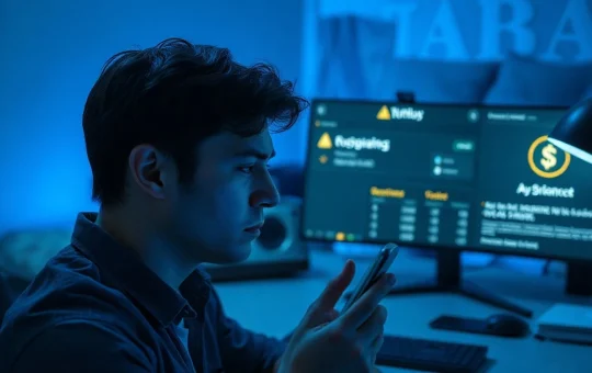 Person looking at a smartphone with a fake crypto wallet app on the App Store, laptop showing wallet balance.