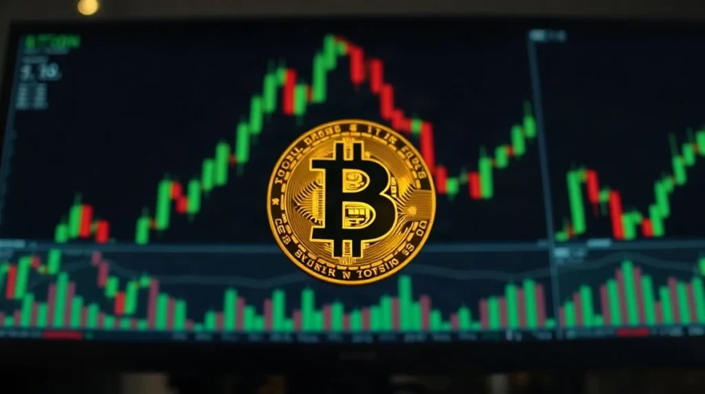 Bitcoin coin in foreground with blurred trading chart background symbolizing price breakout
