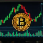 Bitcoin coin in foreground with blurred trading chart background symbolizing price breakout