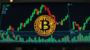 Bitcoin coin in foreground with blurred trading chart background symbolizing price breakout