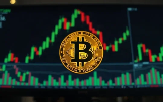 Bitcoin coin in foreground with blurred trading chart background symbolizing price breakout