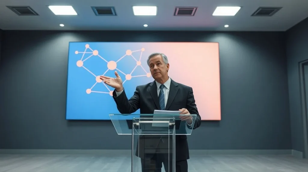 Flare CEO Hugo Philion presenting the XRPFi roadmap at a press event with a blockchain network graphic on screen.