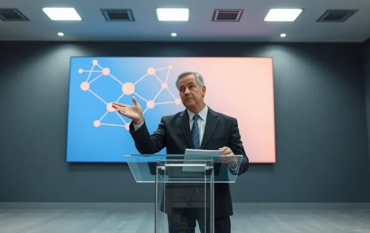 Flare CEO Hugo Philion presenting the XRPFi roadmap at a press event with a blockchain network graphic on screen.