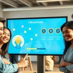 Beginners interacting with a gamified crypto learning platform on a large touchscreen.