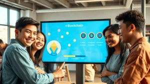 Beginners interacting with a gamified crypto learning platform on a large touchscreen.