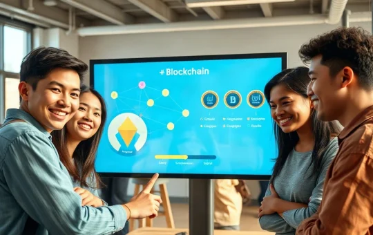 Beginners interacting with a gamified crypto learning platform on a large touchscreen.