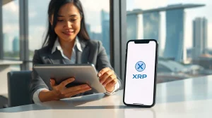 Professional using a tablet and smartphone with a digital wallet interface in a Singapore office, representing Gemini's XRP support expansion.
