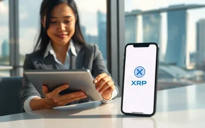Professional using a tablet and smartphone with a digital wallet interface in a Singapore office, representing Gemini's XRP support expansion.