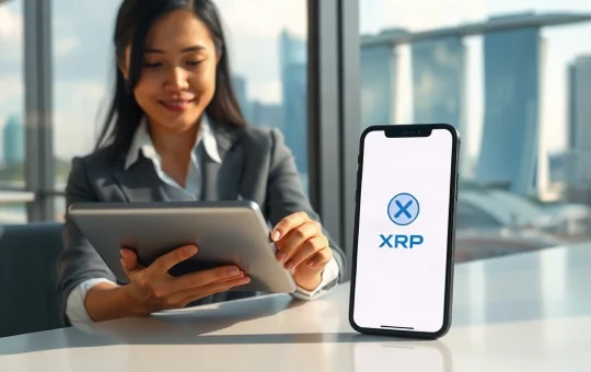 Professional using a tablet and smartphone with a digital wallet interface in a Singapore office, representing Gemini's XRP support expansion.