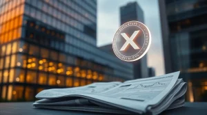 Financial district skyscraper with a digital XRP coin icon and trading charts in the foreground
