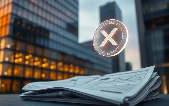 Financial district skyscraper with a digital XRP coin icon and trading charts in the foreground