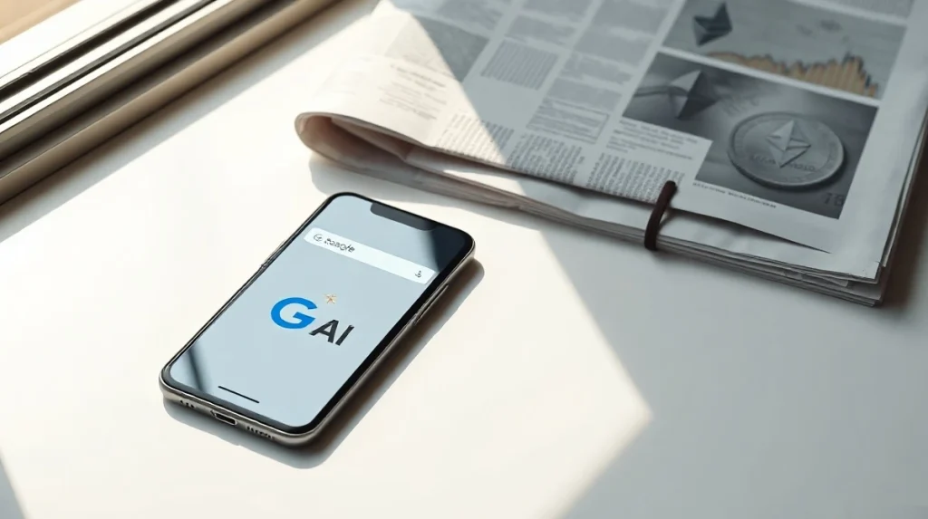 Smartphone displaying an AI search interface next to printed crypto news articles and charts