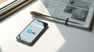 Smartphone displaying an AI search interface next to printed crypto news articles and charts