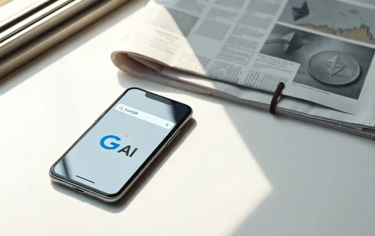 Smartphone displaying an AI search interface next to printed crypto news articles and charts
