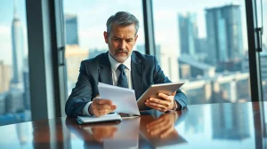 Grayscale CEO Michael Sonnenshein reviewing documents in a corporate office setting