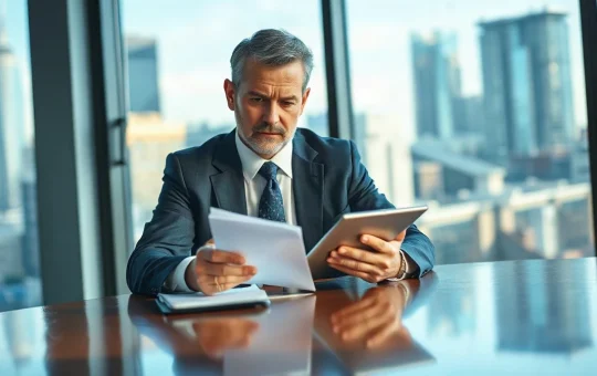 Grayscale CEO Michael Sonnenshein reviewing documents in a corporate office setting