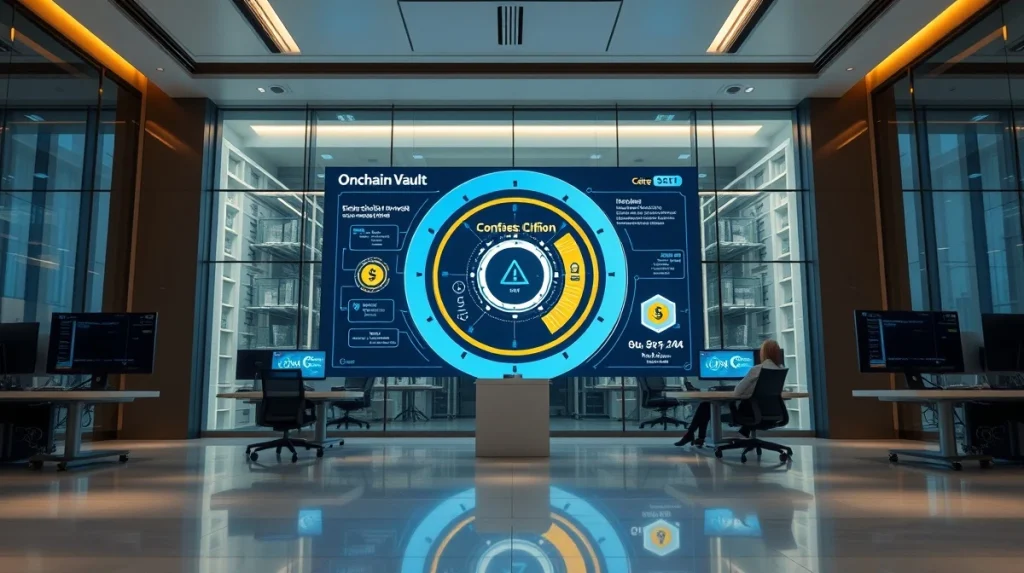 A modern trading floor with a digital screen displaying an onchain vault interface for institutional crypto assets.
