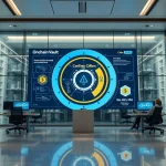 A modern trading floor with a digital screen displaying an onchain vault interface for institutional crypto assets.