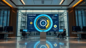 A modern trading floor with a digital screen displaying an onchain vault interface for institutional crypto assets.
