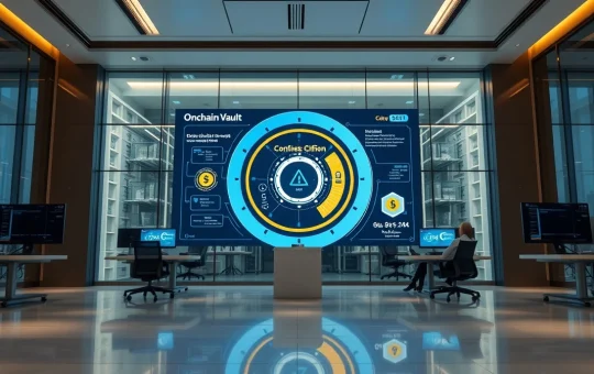A modern trading floor with a digital screen displaying an onchain vault interface for institutional crypto assets.