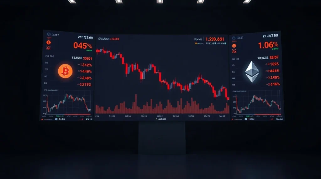 Digital trading screen showing declining crypto charts and Bitcoin symbol in a dark room