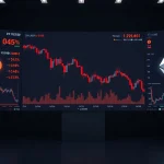 Digital trading screen showing declining crypto charts and Bitcoin symbol in a dark room