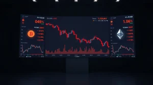 Digital trading screen showing declining crypto charts and Bitcoin symbol in a dark room