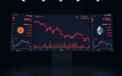 Digital trading screen showing declining crypto charts and Bitcoin symbol in a dark room
