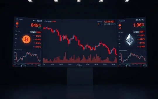 Digital trading screen showing declining crypto charts and Bitcoin symbol in a dark room