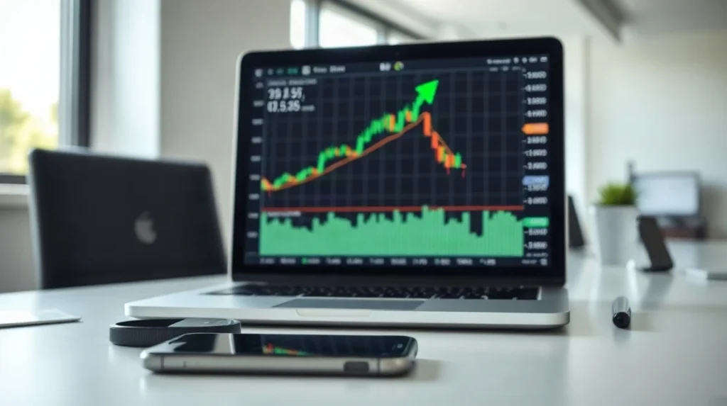 Hedera HBAR price chart on a laptop screen with a rising green arrow in an office setting