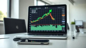 Hedera HBAR price chart on a laptop screen with a rising green arrow in an office setting