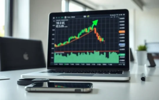 Hedera HBAR price chart on a laptop screen with a rising green arrow in an office setting