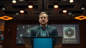 Charles Hoskinson speaking at the Wyoming Blockchain Symposium 2026 about Cardano's future and agentic commerce.