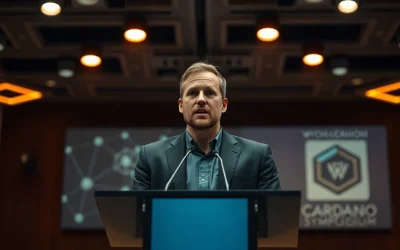 Charles Hoskinson speaking at the Wyoming Blockchain Symposium 2026 about Cardano's future and agentic commerce.
