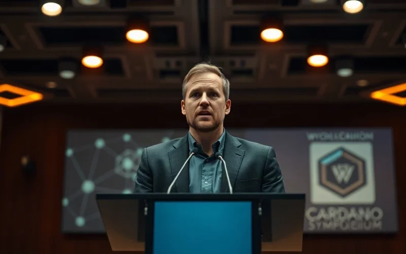 Charles Hoskinson speaking at the Wyoming Blockchain Symposium 2026 about Cardano's future and agentic commerce.
